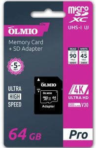 Карта micro-SD 64 GB Olmio Pro UHS-I U3 V30 с адаптером