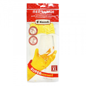 Перчатки латексные Komfi Для деликатной уборки с х/б напылением XL желтые (DGL019L)