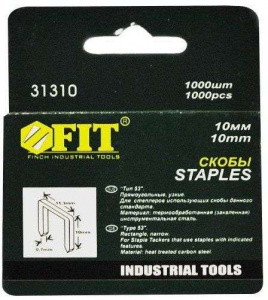 Скобы для степлера FIT закаленные Профи,узкие,прямоугольные 11,3 мм, 10 мм 1000 шт (31310)
