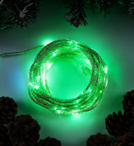 Электрогирлянда LUAZON LIGHTING "Нить" 10м, роса, IP44, медная нить, 100 LED, свечение зелёное, мерцание (9259428)