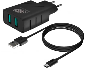 СЗУ Borasco 2.4A USBx2 + кабель Type-C черное