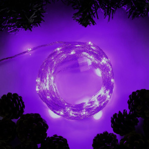 Электрогирлянда LUAZON LIGHTING "Нить" 10м, роса, IP44, медная нить, 100 LED, свечение фиолетовое, мерцание (9259427)