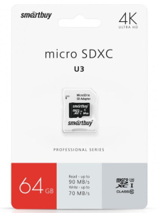 Карта micro-SD 64GB SMARTBUY Class10 PRO+адаптер (SB64GBSDCL10U3-01)