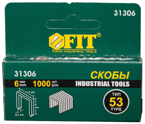 Скобы для степлера FIT закаленные Профи,узкие,прямоугольные,11,3 мм,6 мм 1000 шт.(31306)