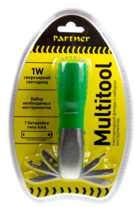 Фонарь Partner Multitool зеленый, с набором инструментов