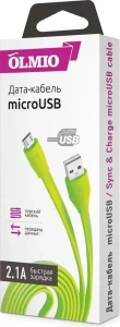 Кабель USB 2.0 A вилка - microUSB 1 м OLMIO 2.1A плоский зеленый